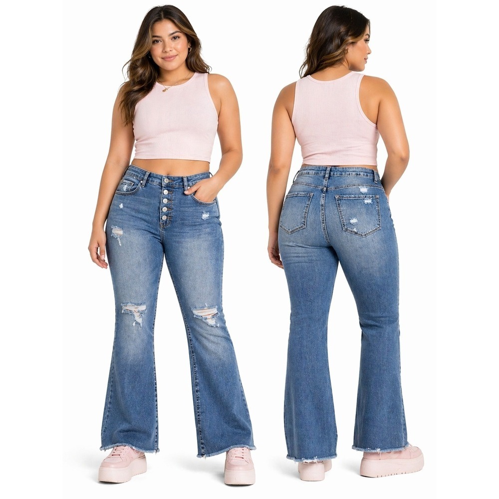 Highway Jeans Womens Distressed Flare Jeans Button Fly Raw Hem Blue 13 9055F11MM